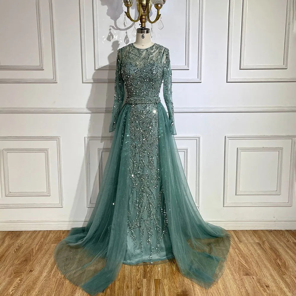 Luxury Dubai Turquoise Beaded Evening Dress with Tulle LA72601 Turquoise / 6 Luxury Dubai Turquoise Beaded Evening Dress with Tulle LA72601 Turquoise / 6