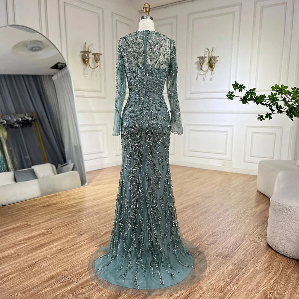 Luxury Dubai Turquoise Beaded Evening Dress with Tulle LA72601 - SERENE HILL
