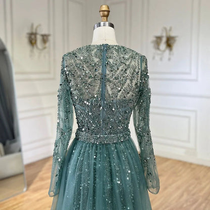 Luxury Dubai Turquoise Beaded Evening Dress with Tulle LA72601 - SERENE HILL