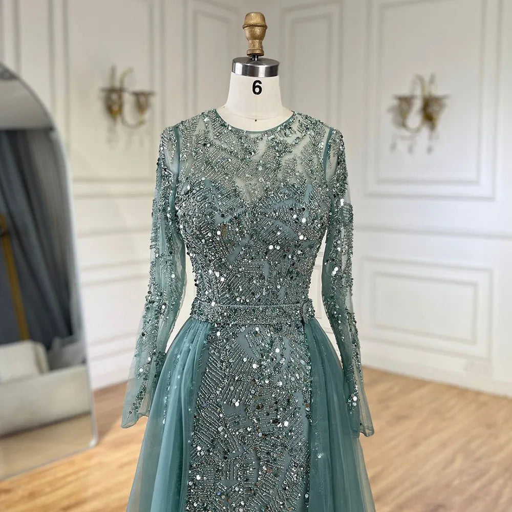 Luxury Dubai Turquoise Beaded Evening Dress with Tulle LA72601 - SERENE HILL