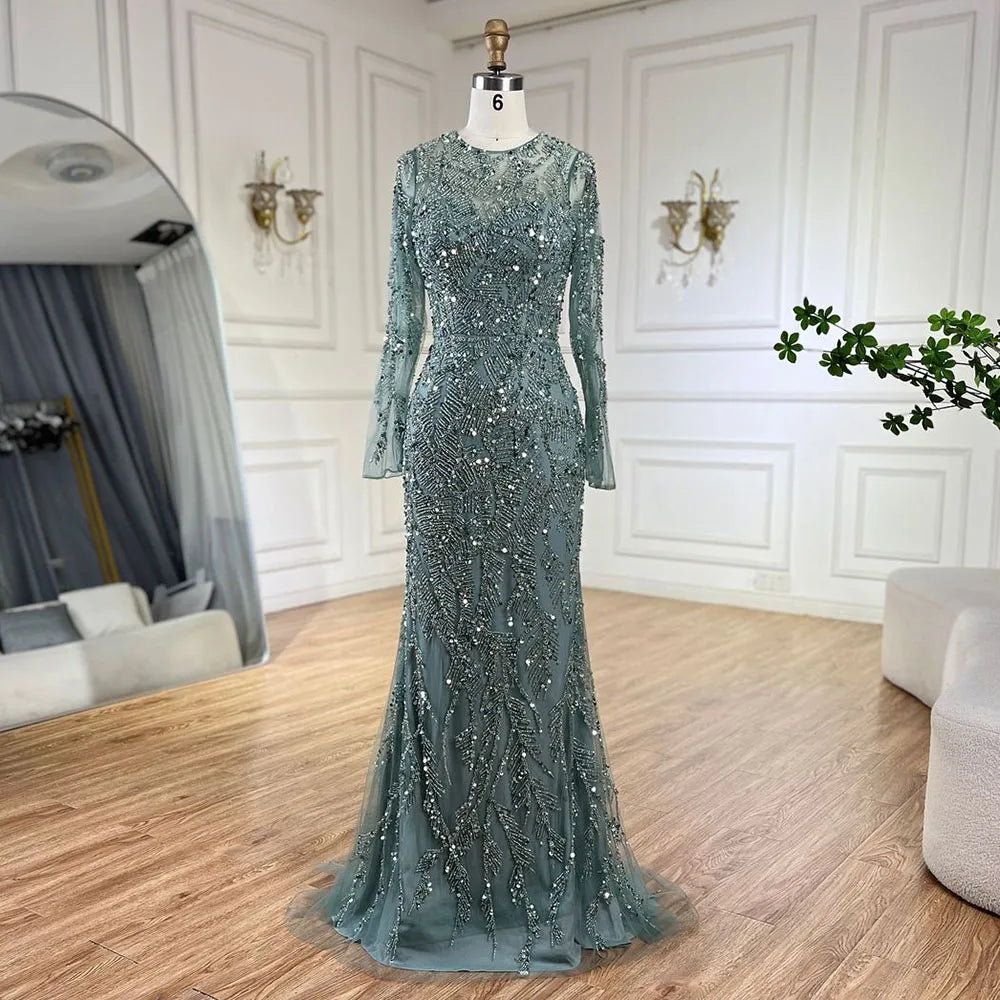 Luxury Dubai Turquoise Beaded Evening Dress with Tulle LA72601 - SERENE HILL
