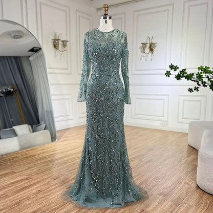 Luxury Dubai Turquoise Beaded Evening Dress with Tulle LA72601 - SERENE HILL