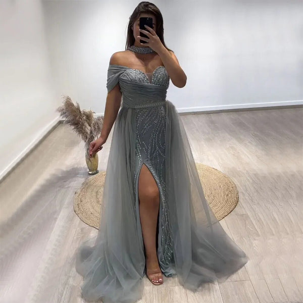 Serene Hill Arabic Turquoise Sexy One Shoulder Beaded Mermaid High Split Evening Dresses Party Gowns 2025 For Women LA72203