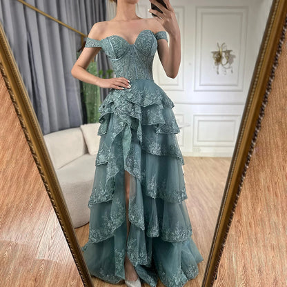 Luxury Dubai Arabic Turquoise Shoulder Strap Tiered Beaded Evening Gown with Front Split for Formal Occasion LA72593A - SERENE HILL