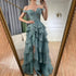 Luxury Dubai Arabic Turquoise Shoulder Strap Tiered Beaded Evening Gown with Front Split for Formal Occasion LA72593A - SERENE HILL