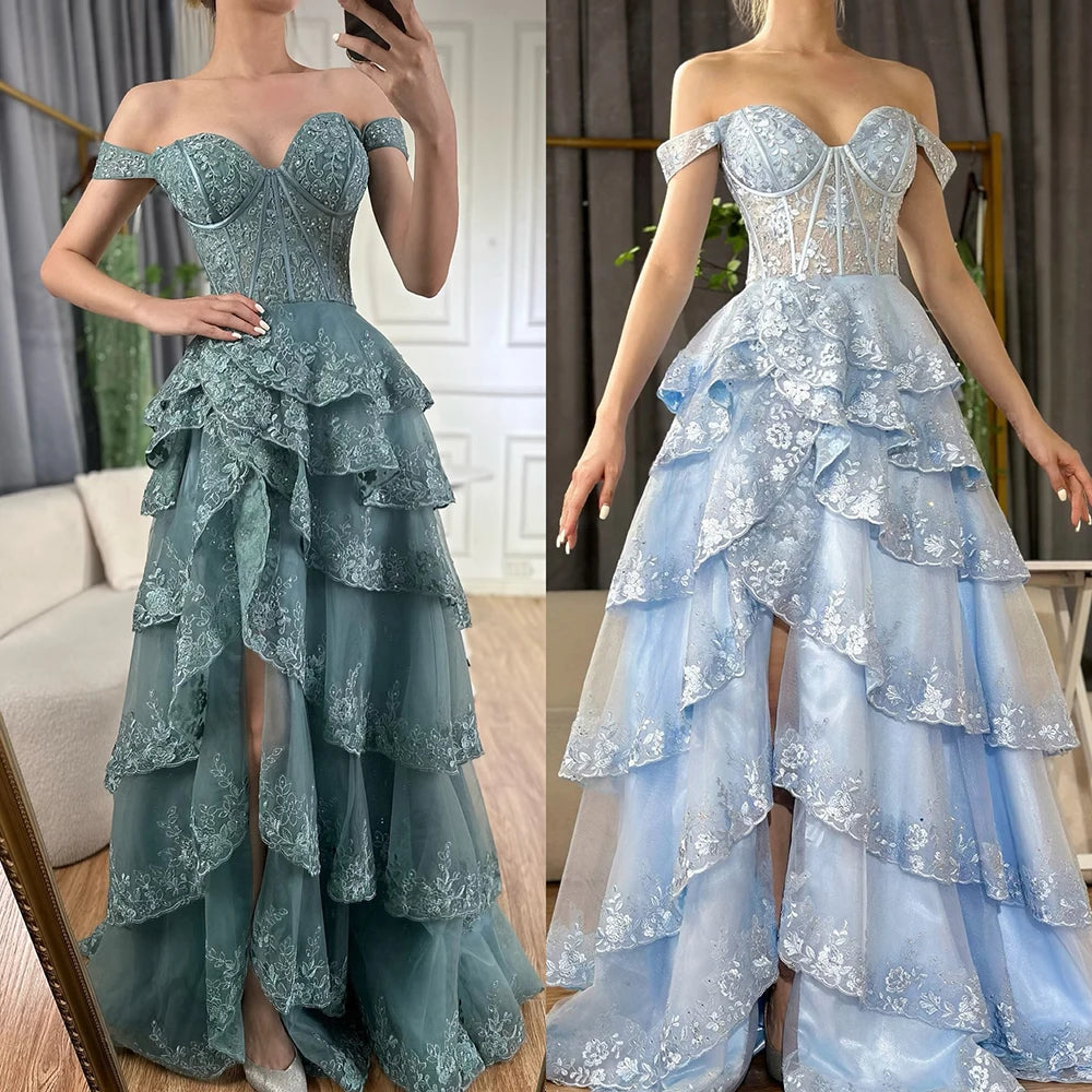 Luxury Dubai Arabic Turquoise Shoulder Strap Tiered Beaded Evening Gown with Front Split for Formal Occasion LA72593A - SERENE HILL