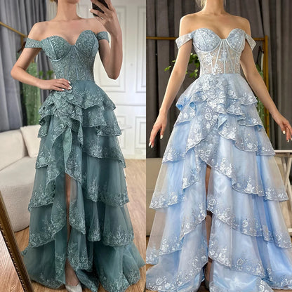 Luxury Dubai Arabic Turquoise Shoulder Strap Tiered Beaded Evening Gown with Front Split for Formal Occasion LA72593A - SERENE HILL