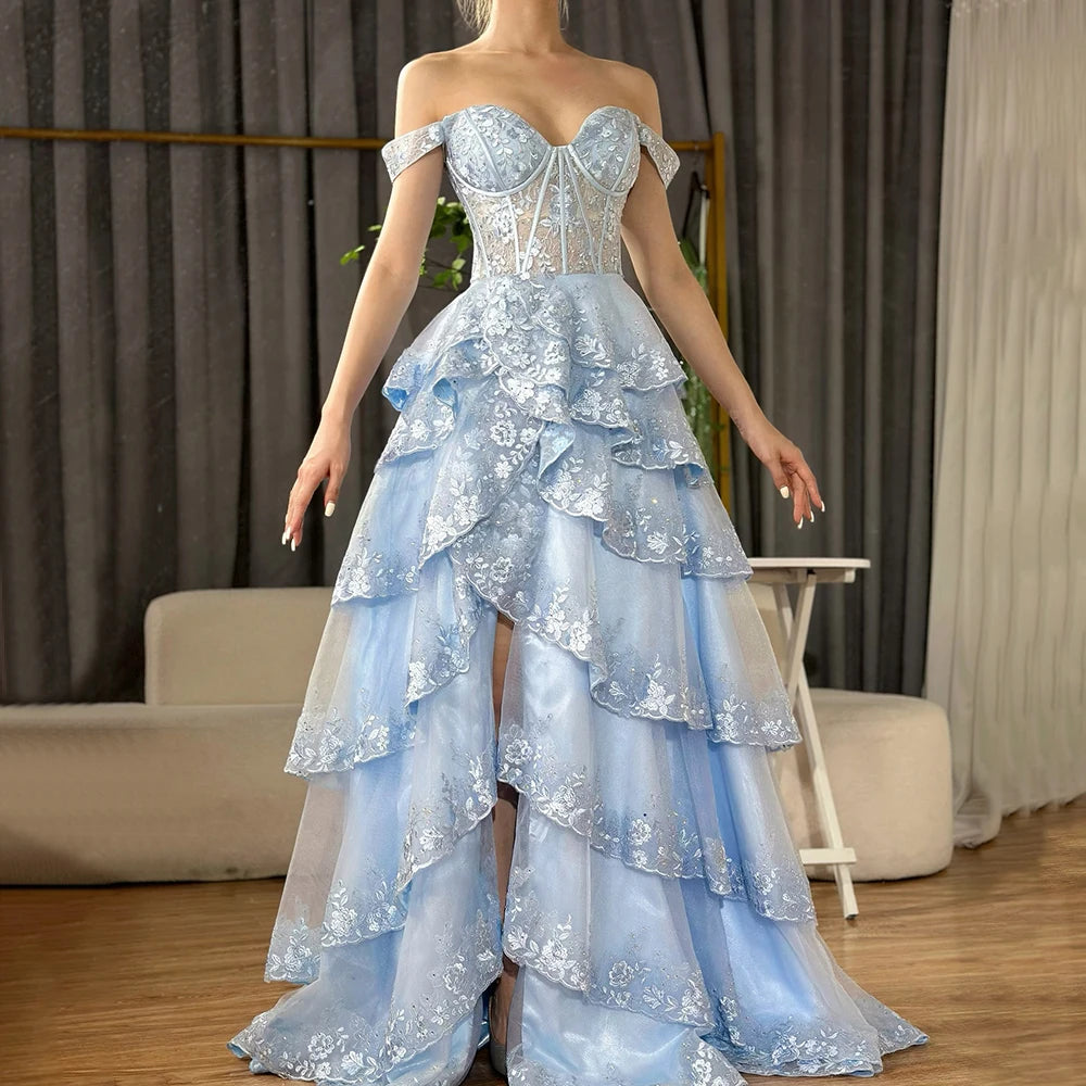 Luxury Dubai Arabic Turquoise Shoulder Strap Tiered Beaded Evening Gown with Front Split for Formal Occasion LA72593A - SERENE HILL