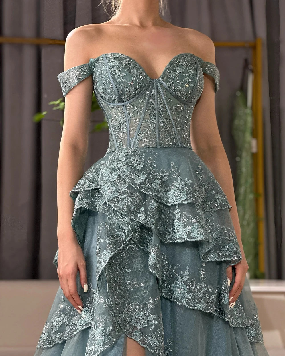 Luxury Dubai Arabic Turquoise Shoulder Strap Tiered Beaded Evening Gown with Front Split for Formal Occasion LA72593A - SERENE HILL