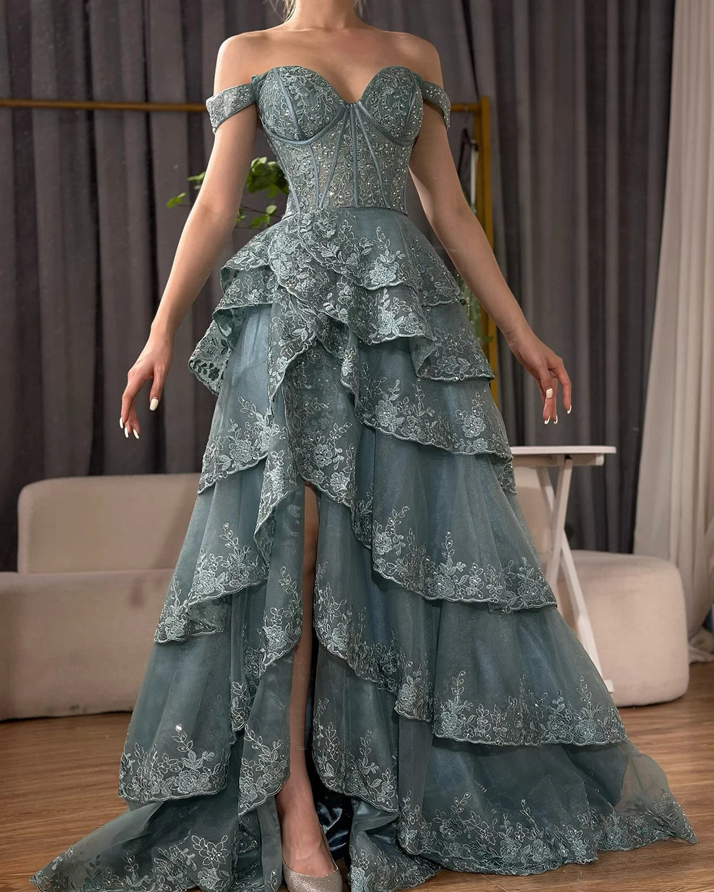 Luxury Dubai Arabic Turquoise Shoulder Strap Tiered Beaded Evening Gown with Front Split for Formal Occasion LA72593A - SERENE HILL