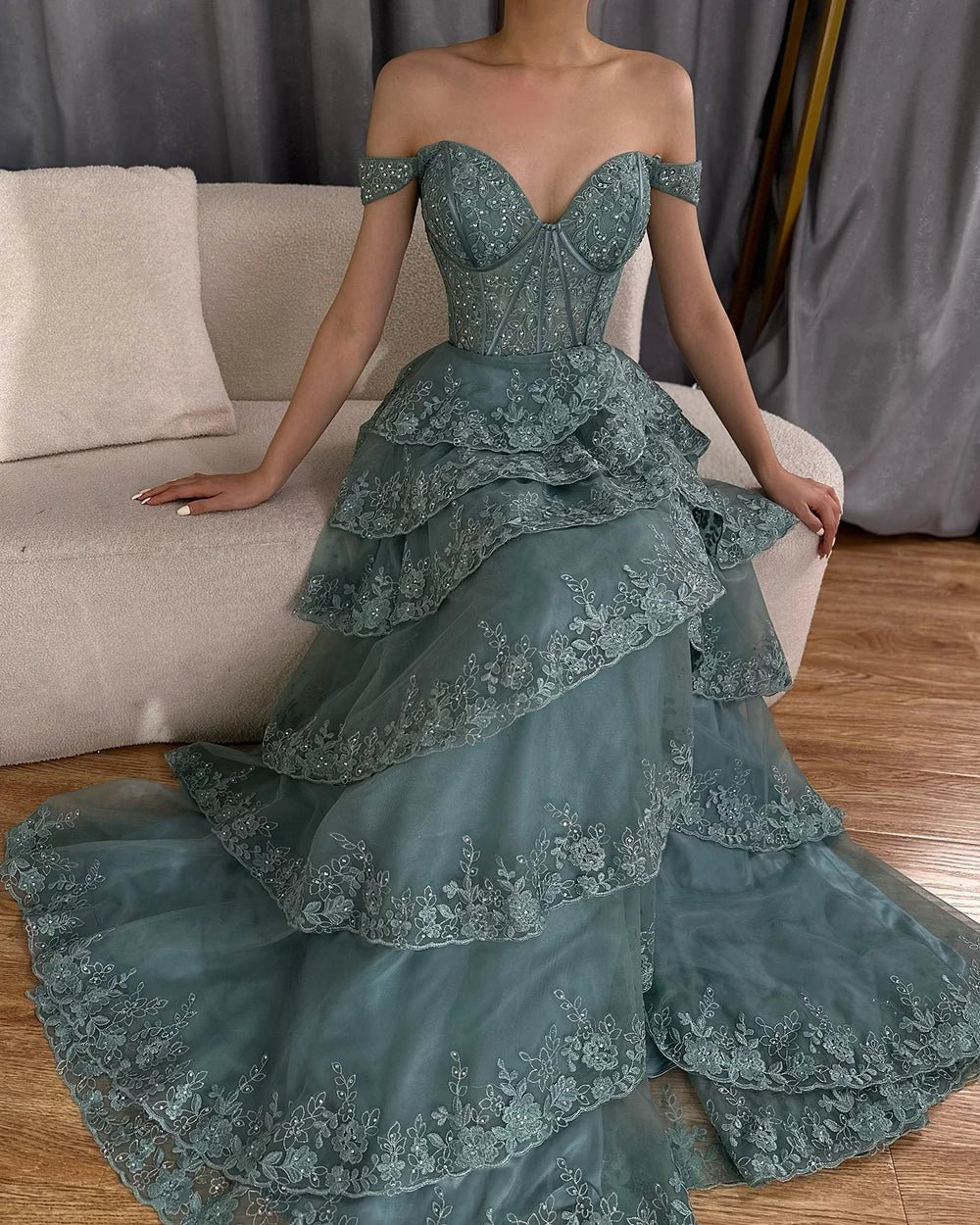 Luxury Dubai Arabic Turquoise Shoulder Strap Tiered Beaded Evening Gown with Front Split for Formal Occasion LA72593A - SERENE HILL