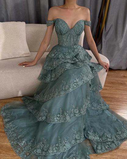 Luxury Dubai Arabic Turquoise Shoulder Strap Tiered Beaded Evening Gown with Front Split for Formal Occasion LA72593A - SERENE HILL