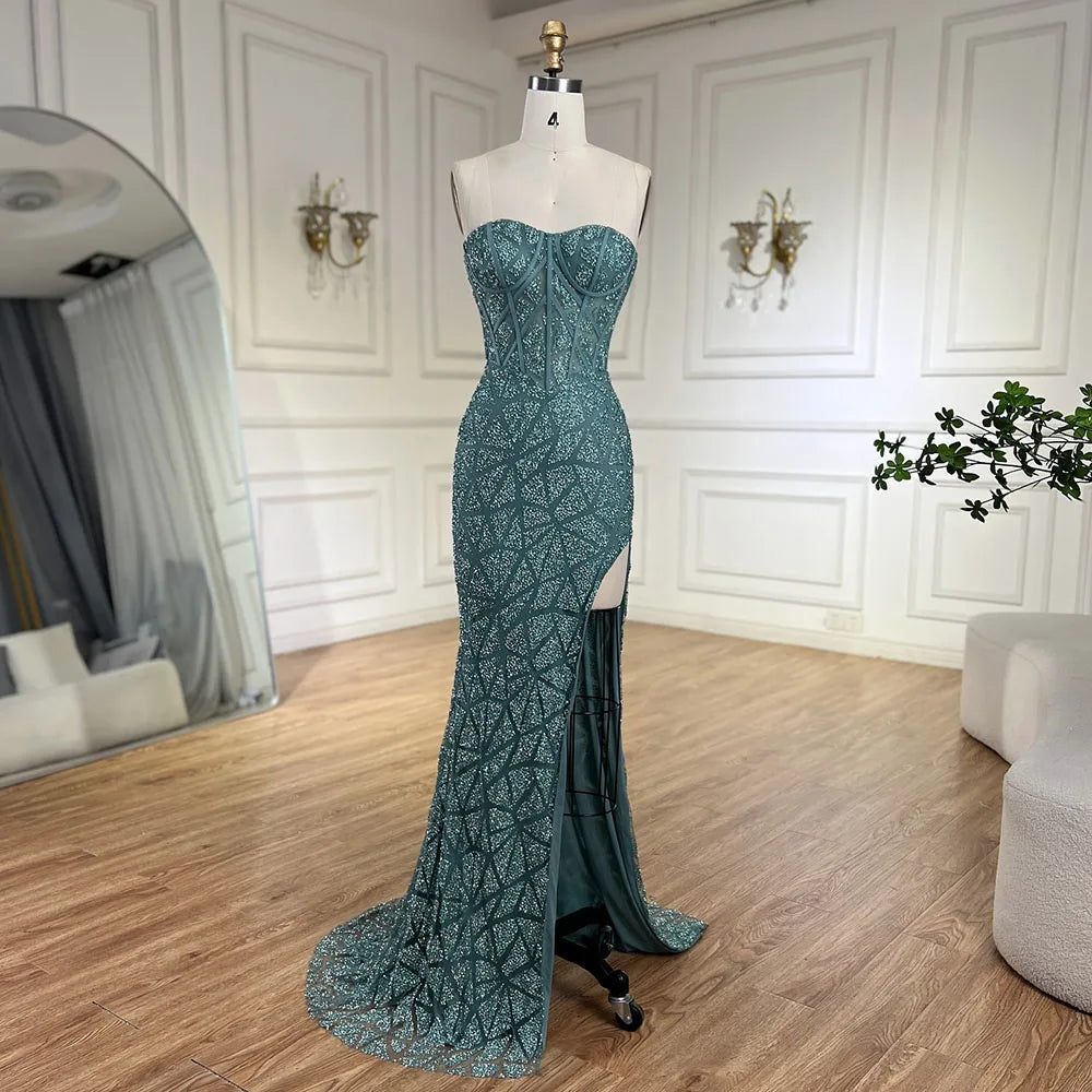 Serene Hill Arabic Turquoise High-Split Mermaid Beaded Luxury Evening Gown for Women Wedding Party 2025 LA72610 - SERENE HILL