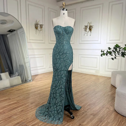 Serene Hill Arabic Turquoise High-Split Mermaid Beaded Luxury Evening Gown for Women Wedding Party 2025 LA72610 - SERENE HILL