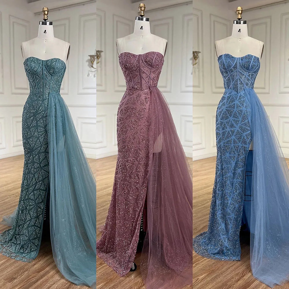 Serene Hill Arabic Turquoise High-Split Mermaid Beaded Luxury Evening Gown for Women Wedding Party 2025 LA72610 - SERENE HILL