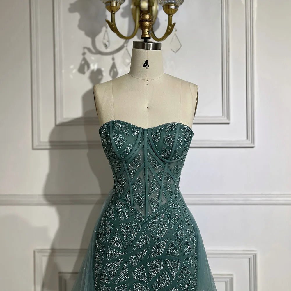 Serene Hill Arabic Turquoise High-Split Mermaid Beaded Luxury Evening Gown for Women Wedding Party 2025 LA72610 - SERENE HILL