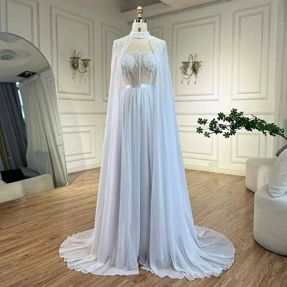 Serene Hill Arabic White Beaded Lace Mermaid Gown with Detachable Long Cape | Evening Dress for Women Wedding Party 2025 LA72415 - SERENE HILL