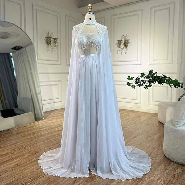 Serene Hill Arabic White Beaded Lace Mermaid Gown with Detachable Long Cape | Evening Dress for Women Wedding Party 2025 LA72415