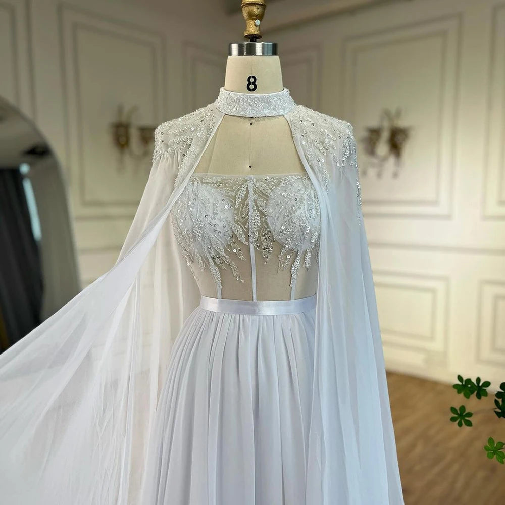 Serene Hill Arabic White Beaded Lace Mermaid Gown with Detachable Long Cape | Evening Dress for Women Wedding Party 2025 LA72415 - SERENE HILL