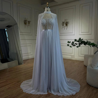 Serene Hill Arabic White Beaded Lace Mermaid Gown with Detachable Long Cape | Evening Dress for Women Wedding Party 2025 LA72415 - SERENE HILL