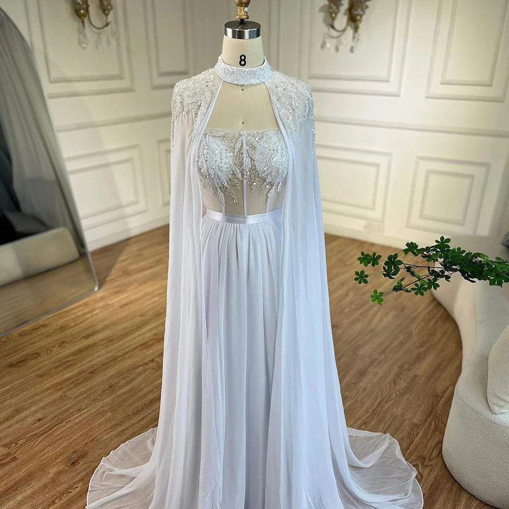 Serene Hill Arabic White Beaded Lace Mermaid Gown with Detachable Long Cape | Evening Dress for Women Wedding Party 2025 LA72415 - SERENE HILL