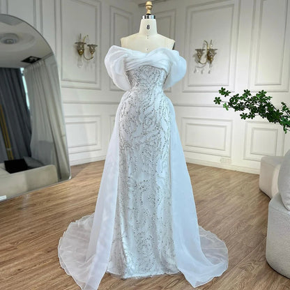 Luxury Dubai Arabic White Beaded Mermaid Elegant With Overskirt Luxury Dubai Evening Dresses Gowns for Women&