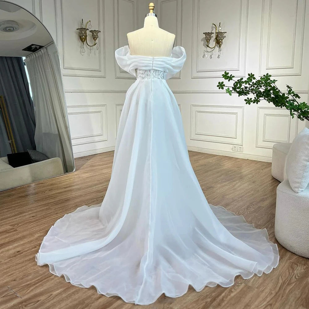 Luxury Dubai Arabic White Beaded Mermaid Elegant With Overskirt Luxury Dubai Evening Dresses Gowns for Women&