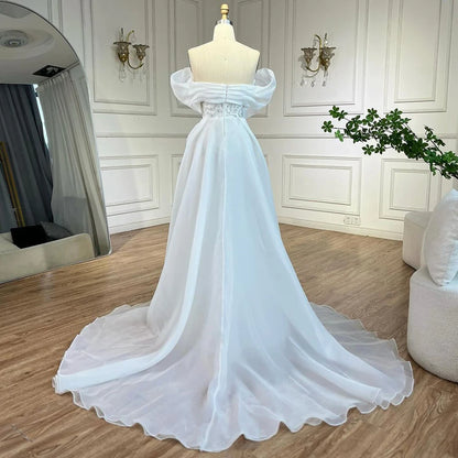 Luxury Dubai Arabic White Beaded Mermaid Elegant With Overskirt Luxury Dubai Evening Dresses Gowns for Women&