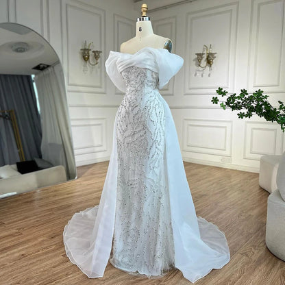 Luxury Dubai Arabic White Beaded Mermaid Elegant With Overskirt Luxury Dubai Evening Dresses Gowns for Women's Party LA72398