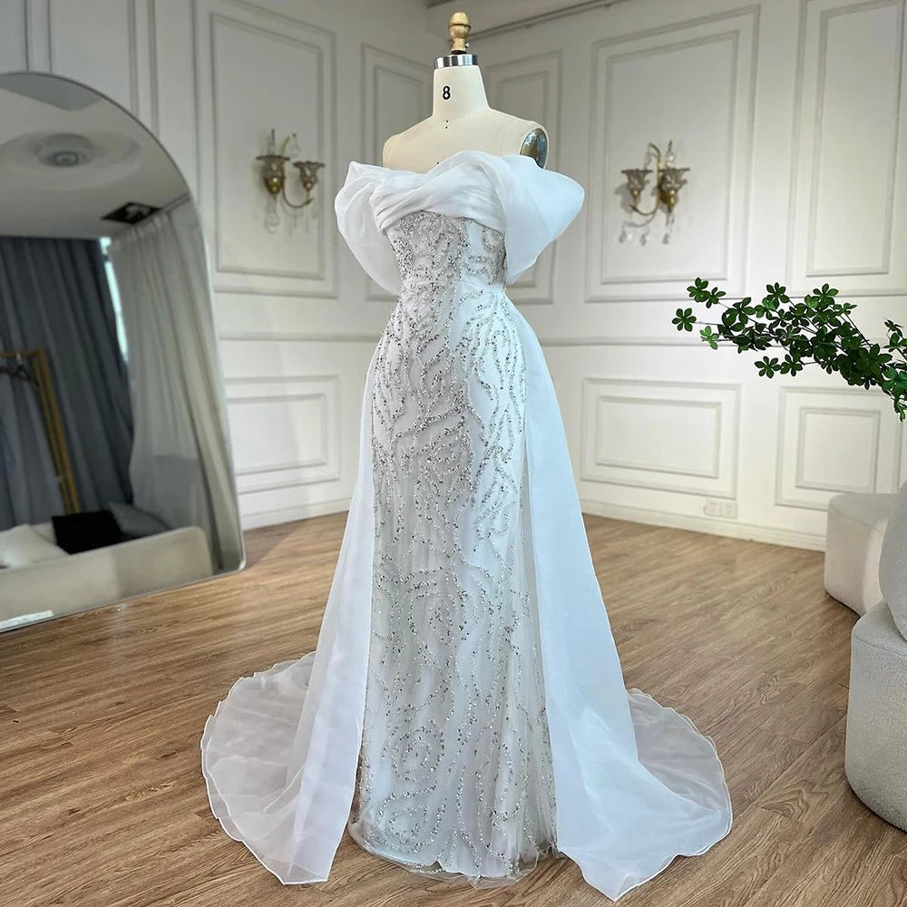 Luxury Dubai Arabic White Beaded Mermaid Elegant With Overskirt Luxury Dubai Evening Dresses Gowns for Women&