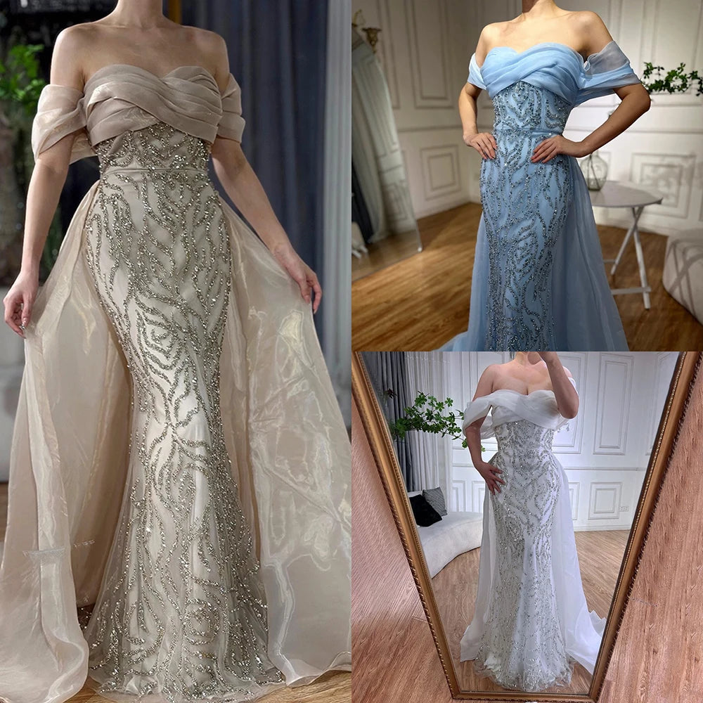 Luxury Dubai Arabic White Beaded Mermaid Elegant With Overskirt Luxury Dubai Evening Dresses Gowns for Women&