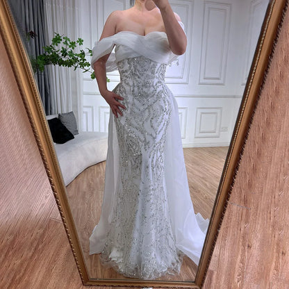 Luxury Dubai Arabic White Beaded Mermaid Elegant With Overskirt Luxury Dubai Evening Dresses Gowns for Women&