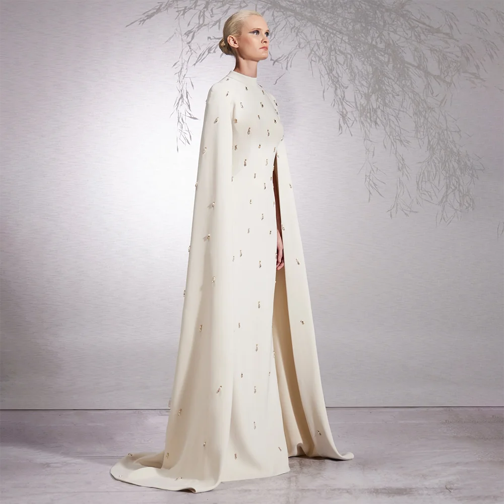 Serene Hill Arabic White Hijabs Mermaid Elegant Long Cloak Beaded Satin Dubai Evening Dresses Gowns For Women Party LA72487 - SERENE HILL