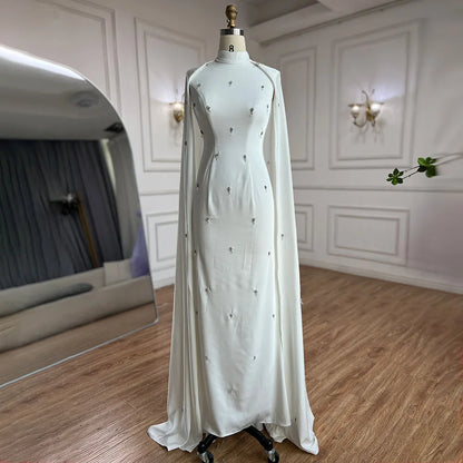 Serene Hill Arabic White Hijabs Mermaid Elegant Long Cloak Beaded Satin Dubai Evening Dresses Gowns For Women Party LA72487 - SERENE HILL