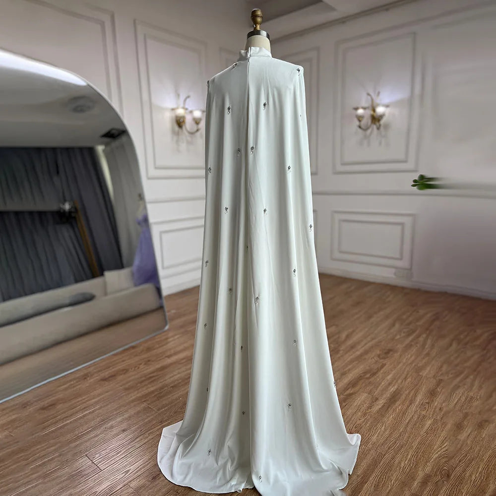 Serene Hill Arabic White Hijabs Mermaid Elegant Long Cloak Beaded Satin Dubai Evening Dresses Gowns For Women Party LA72487 - SERENE HILL