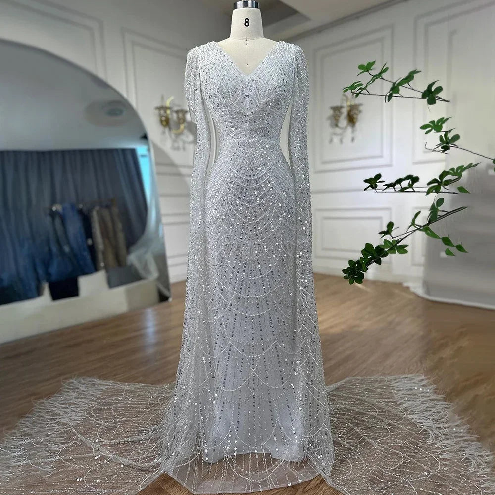 Luxury White Feather Evening Dress with Cape Sleeves LA72160 - SERENE HILL