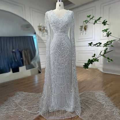Luxury White Feather Evening Dress with Cape Sleeves LA72160 - SERENE HILL