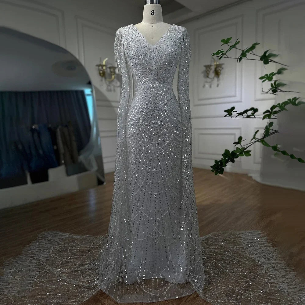 Luxury White Feather Evening Dress with Cape Sleeves LA72160 - SERENE HILL