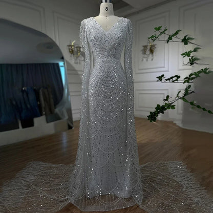 Luxury White Feather Evening Dress with Cape Sleeves LA72160 - SERENE HILL