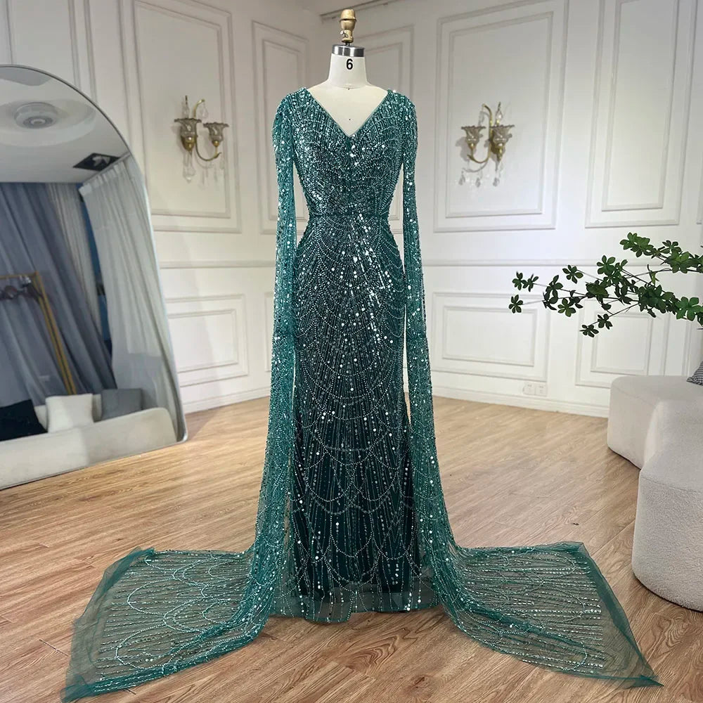 Luxury White Feather Evening Dress with Cape Sleeves LA72160 - SERENE HILL