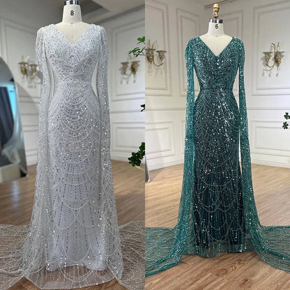 Luxury White Feather Evening Dress with Cape Sleeves LA72160 - SERENE HILL