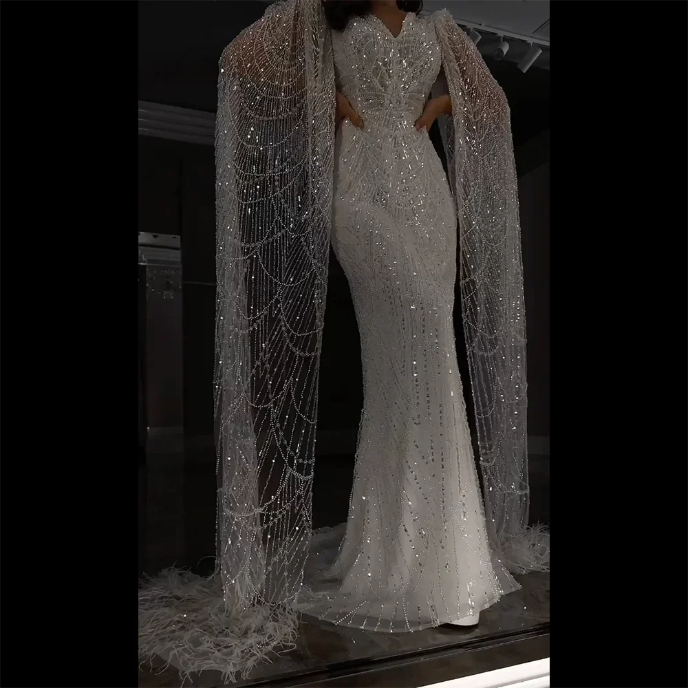 Luxury White Feather Evening Dress with Cape Sleeves LA72160 - SERENE HILL