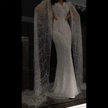 Luxury White Feather Evening Dress with Cape Sleeves LA72160 - SERENE HILL