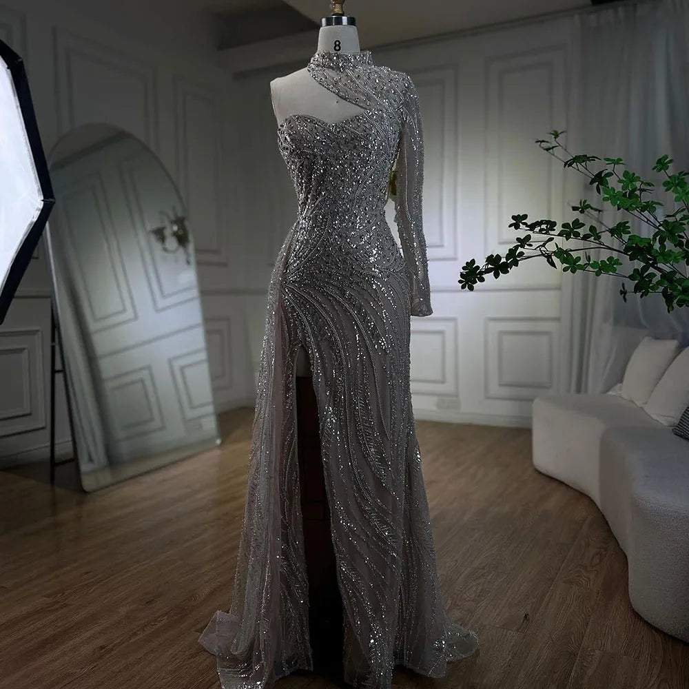 Serene Hill Arabic White Nude Mermaid Elegant One Shoulder Luxury Beaded Evening Dresses Gowns For Women Party 2025 LA72196 - SERENE HILL