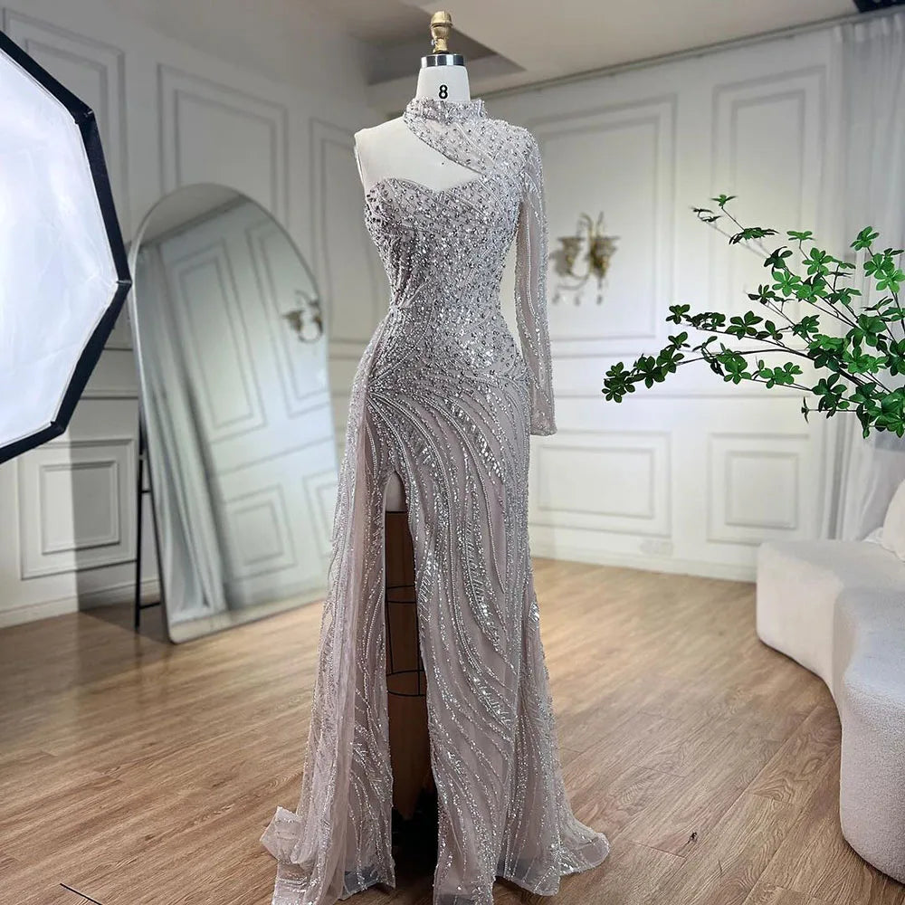 Serene Hill Arabic White Nude Mermaid Elegant One Shoulder Luxury Beaded Evening Dresses Gowns For Women Party 2025 LA72196 - SERENE HILL