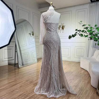 Serene Hill Arabic White Nude Mermaid Elegant One Shoulder Luxury Beaded Evening Dresses Gowns For Women Party 2025 LA72196 - SERENE HILL