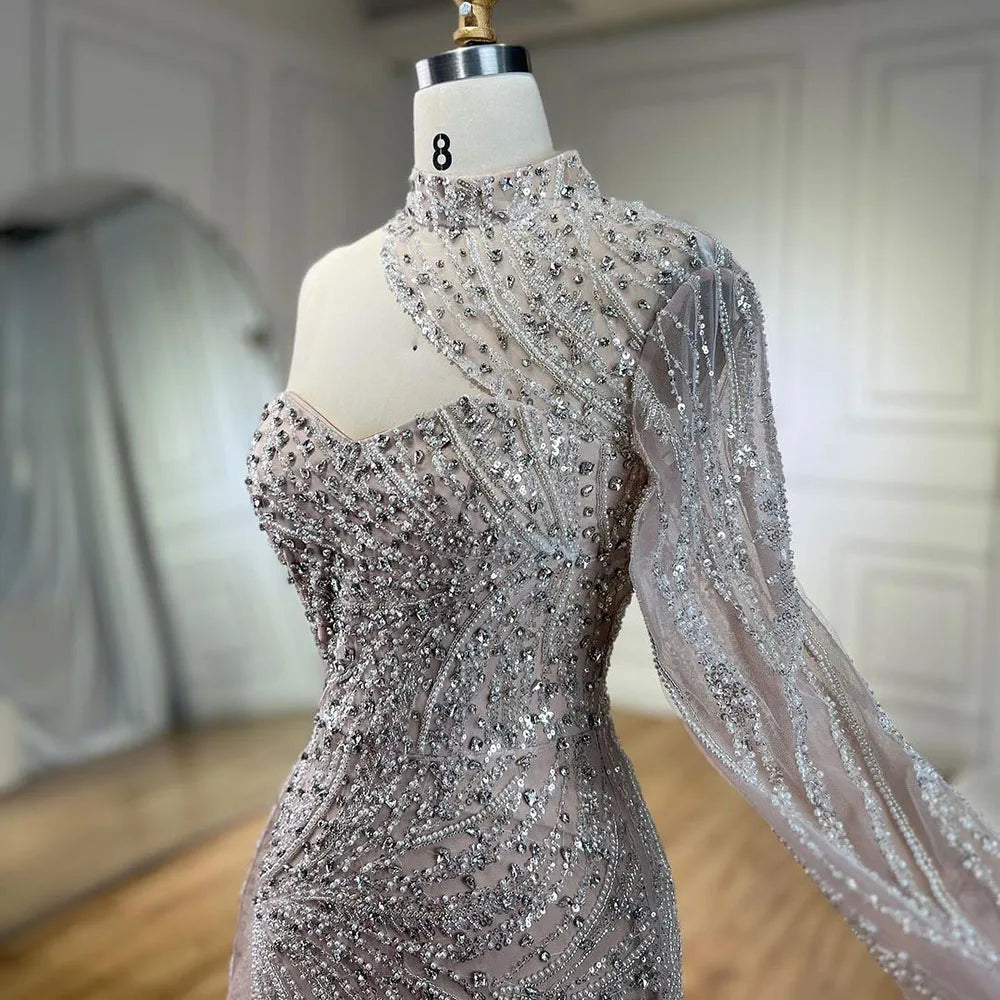 Serene Hill Arabic White Nude Mermaid Elegant One Shoulder Luxury Beaded Evening Dresses Gowns For Women Party 2025 LA72196 - SERENE HILL