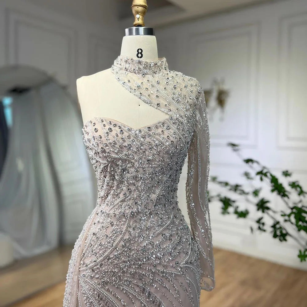 Serene Hill Arabic White Nude Mermaid Elegant One Shoulder Luxury Beaded Evening Dresses Gowns For Women Party 2025 LA72196 - SERENE HILL