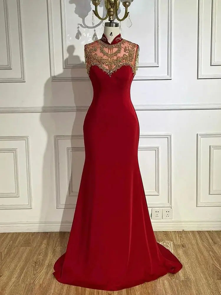 Serene Hill Arabic Wine Red Mermaid Elegant Satin Beaded Luxury Dubai Evening Dresses Gowns For Women Wedding Party 2025 LA72556 - SERENE HILL