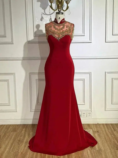 Serene Hill Arabic Wine Red Mermaid Elegant Satin Beaded Luxury Dubai Evening Dresses Gowns For Women Wedding Party 2025 LA72556 - SERENE HILL